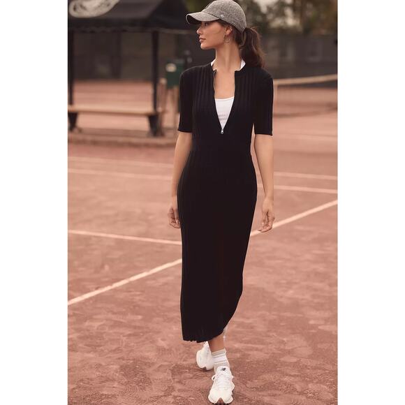 NWT Varley Malia Knit Midi Dress Black Sz L